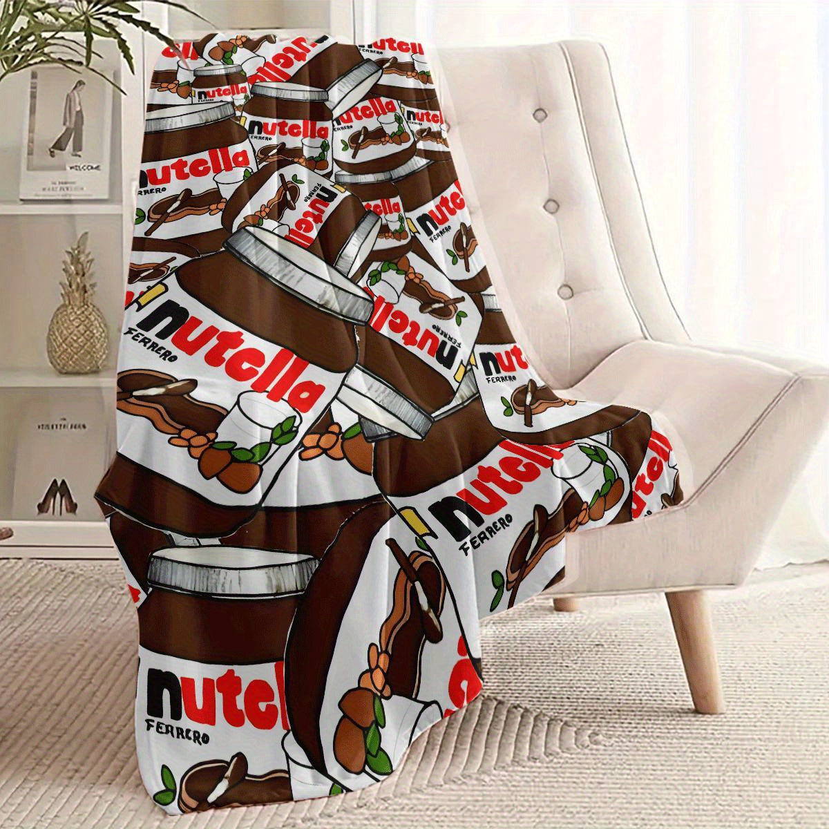 Get cozy with this Nutella print flannel blanket! Made of soft polyester, this all-season throw is hypoallergenic, lightweight, and perfect for use on your sofa, bed, office, car, or during travel. Featuring a Bohemian style and quilted design, this