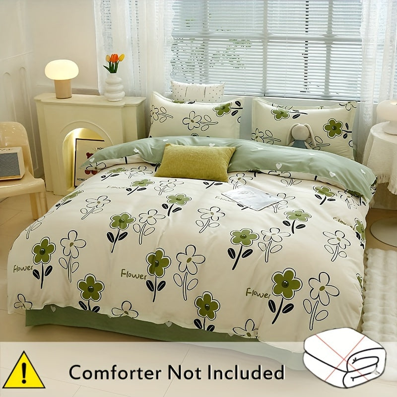 4-piece skin-friendly duvet cover set featuring a fresh flower print design. Includes duvet cover, flat sheet, and two pillowcases (core not included). Suitable for all seasons and perfect