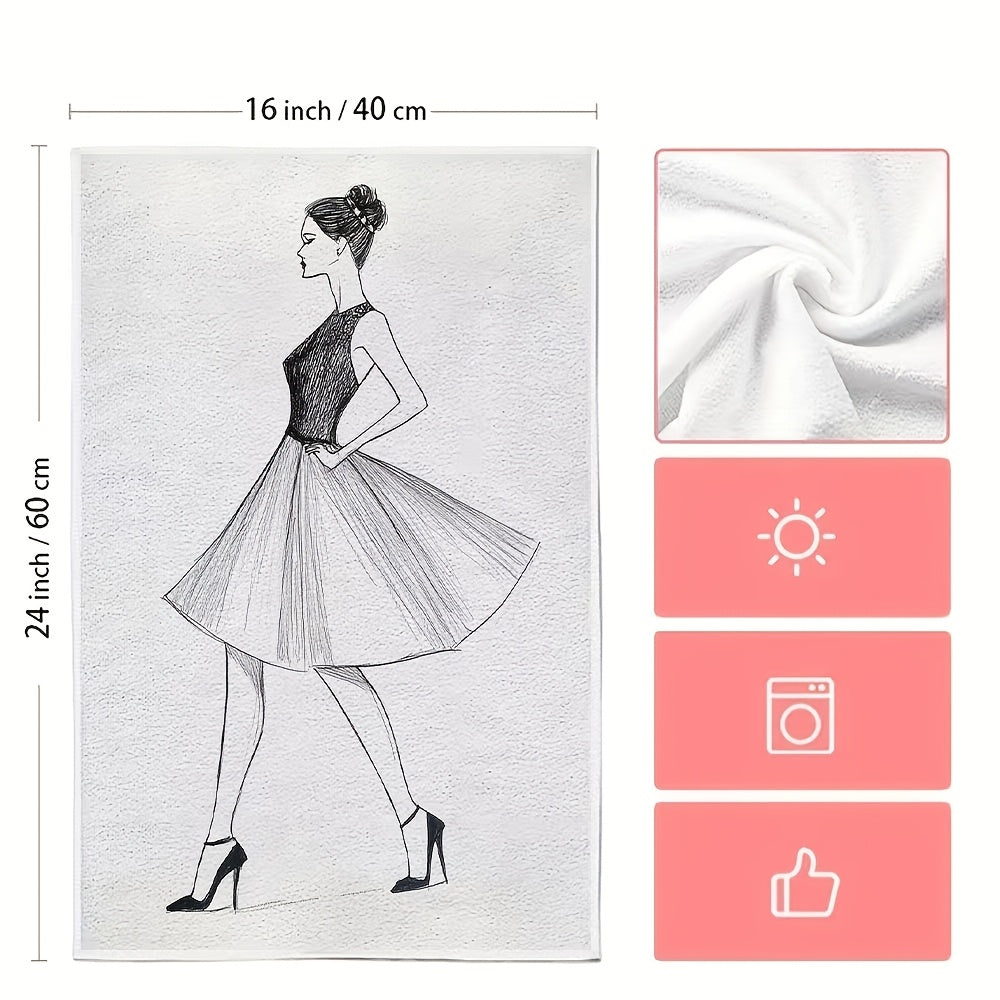 Two pieces of ultra soft kitchen towels featuring an elegant woman line art design. These highly absorbent and quick-dry dish hand towels are machine washable and have a contemporary style. With dimensions of 40.64x60.96 cm, they are perfect for holiday