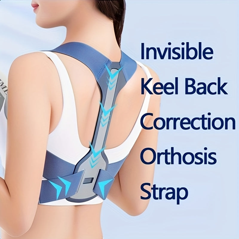 Adults' invisible kyphosis corrector in blue with adjustable strap and breathable mesh for hunchback relief and ergonomic back support, ideal for daily wear.