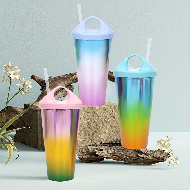 Gradient plastik tumbler qalamcha bilan - sirpanmaydigan, sindirilmaydigan sport shishasi fitnes, sharbat, qahva uchun - maktab, ofis, partiyalar uchun ideal