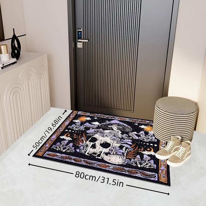 Non-Slip Door Mat with Skull & Mushroom Pattern - Easy to Clean in Washing Machine, Ideal for Adding Style to Living Room, Bedroom, Bathroom, and Entryway