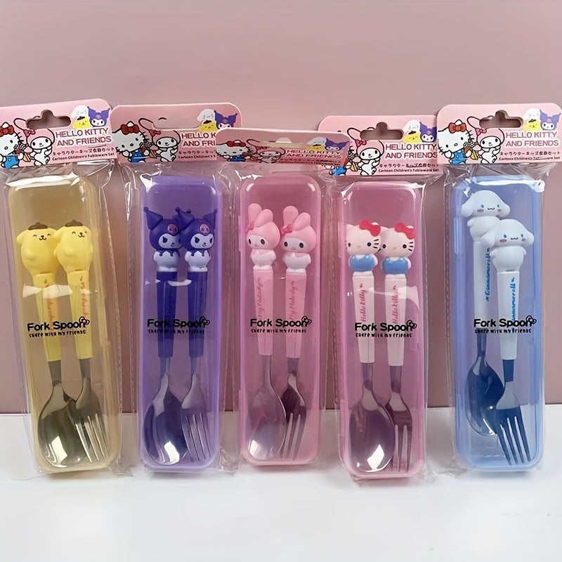 Sanrio Cutie Kouromi Hello Kitty Cartoon Spoon And Fork Set: Stainless steel kitchenware 2-piece set for restaurants and food trucks.