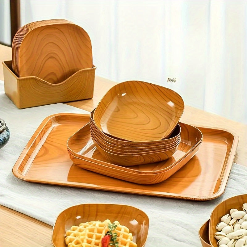 8-piece set of durable and easy-to-clean plastic serving plates with Japanese wood grain design, perfect for serving snacks, fruit, candy, and desserts.