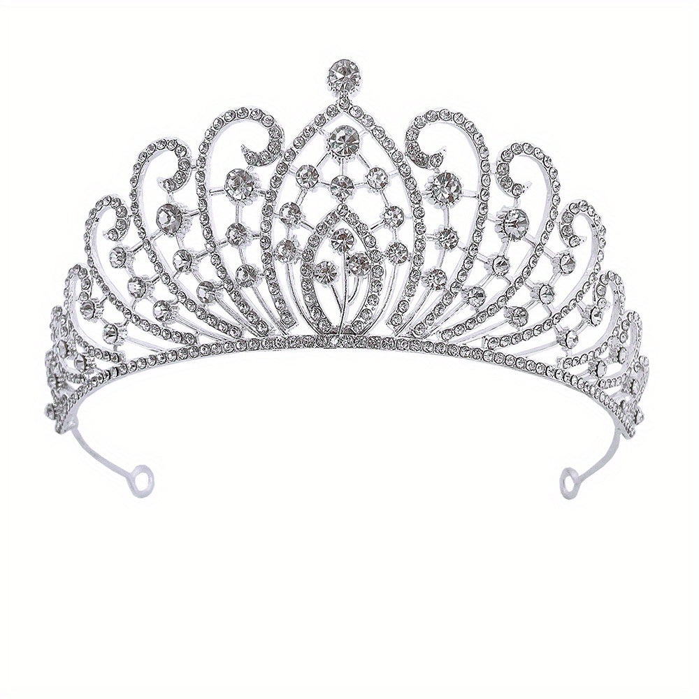 Silver alloy rhinestone tiara for elegant weddings and parties.