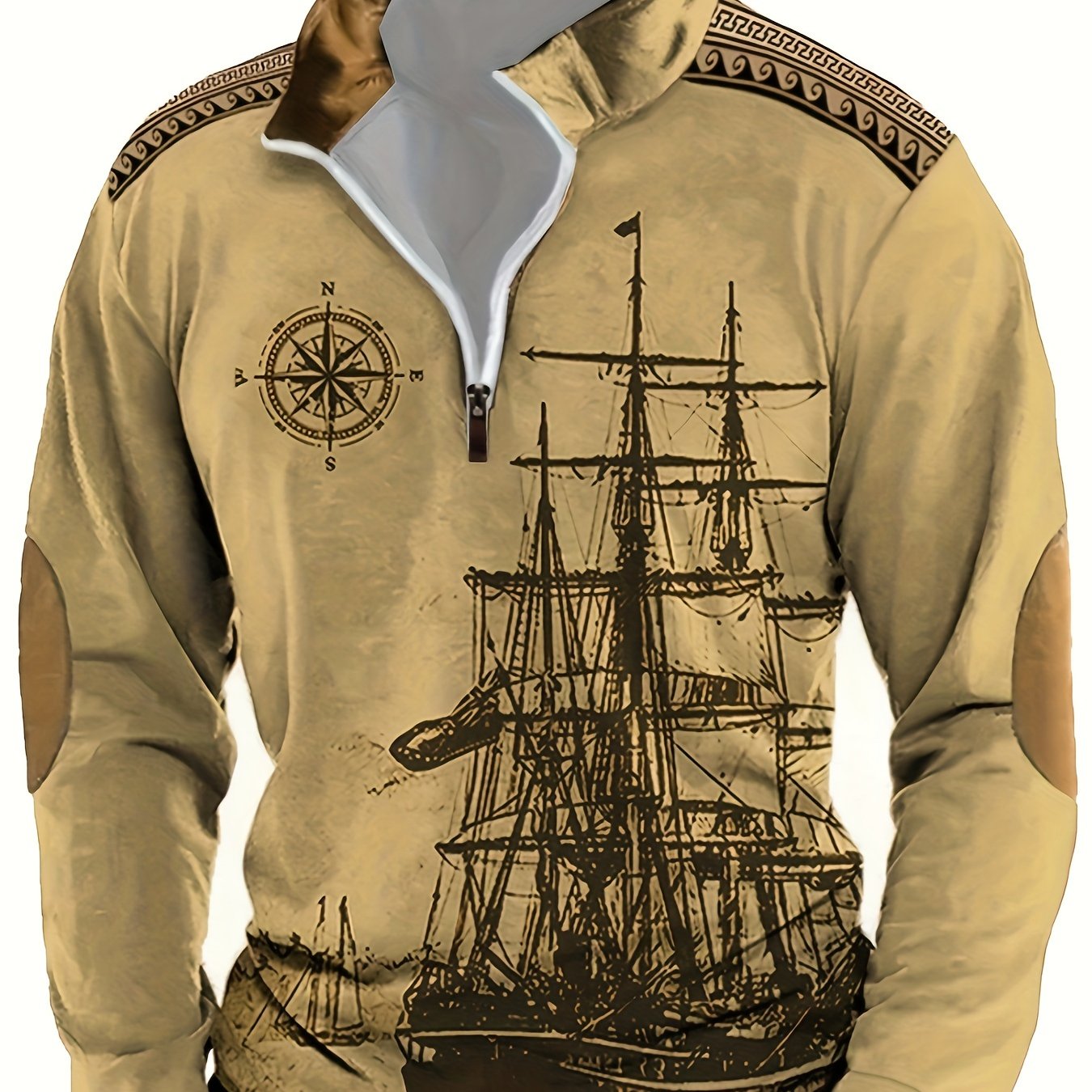 Men's vintage nautical ship print Henley sweatshirt made of 100% polyester with lapel collar, zipper detail, and loose fit. Great for fall/winter casual wear.