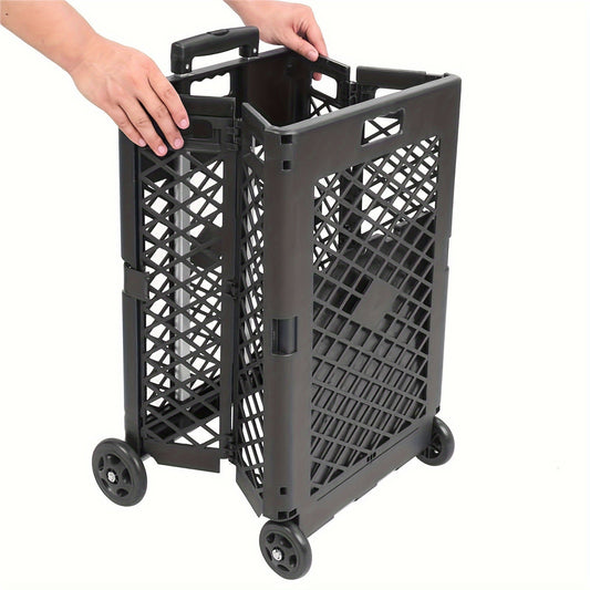 Black Portable Collapsible Storage Cart with 4 Wheels - Foldable Plastic Trolley for Kitchen and Dining, 55L