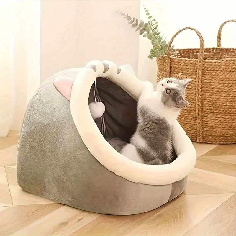 Plush cat house with cushion for all-sized cats, suitable for all seasons.