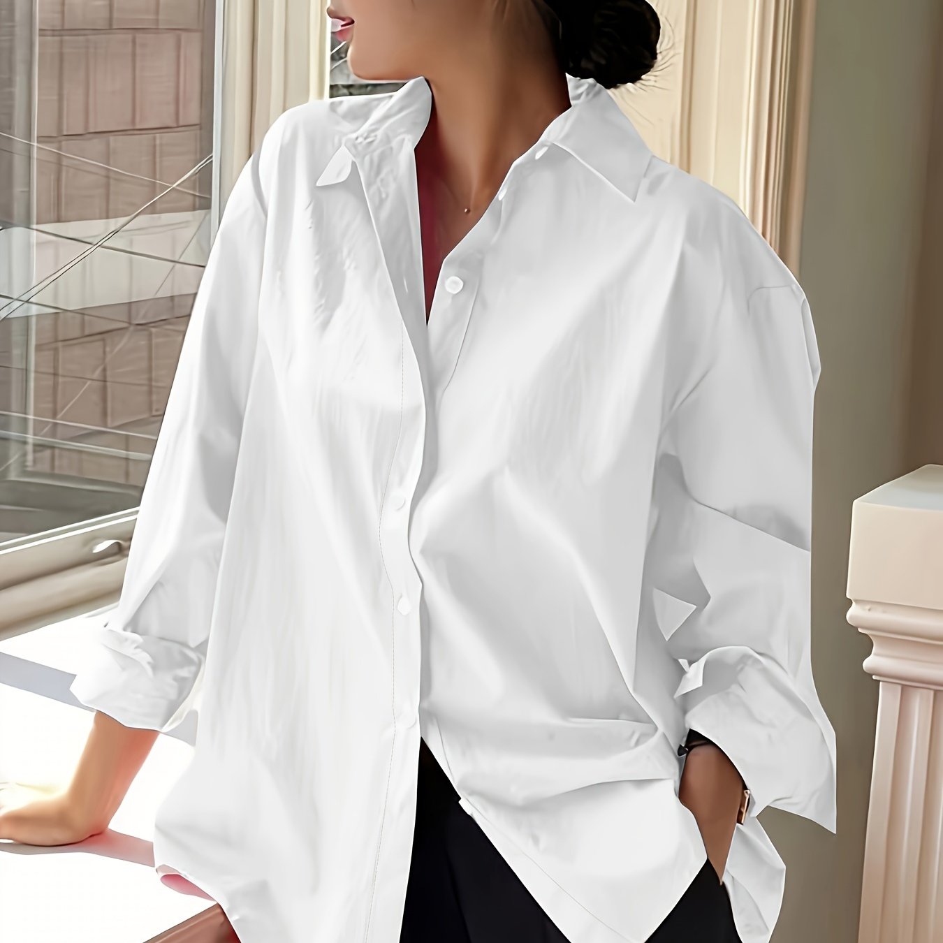 Plus size women's business shirt with long sleeves, lapel collar, and button detail, made of 100% polyester woven fabric. Suitable for all seasons, weighing 140g/m². Ideal for office and