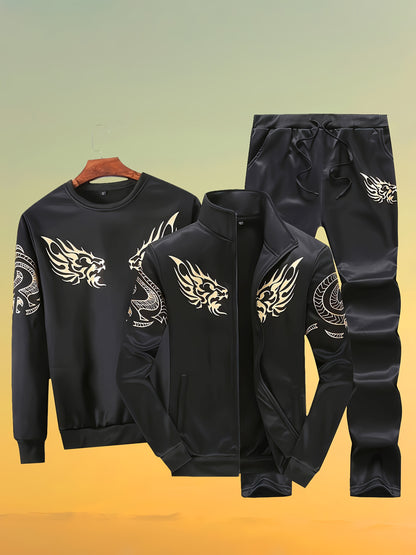 Men's 3-piece athletic set with slim-fit zip-up jacket, casual hoodie, and drawstring pants featuring golden accents for spring/fall.