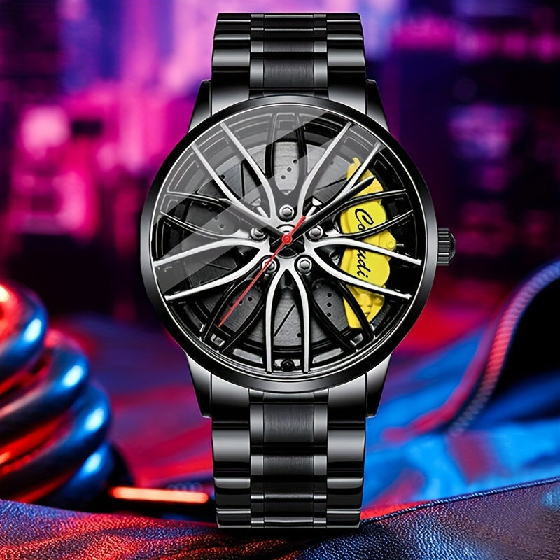 Men's Watch with Car Wheel Hub Caliper Design, Steel Band with Luminous Features, Three-dimensional Hollow Sports Wrist Watch, Perfect Gift Choice