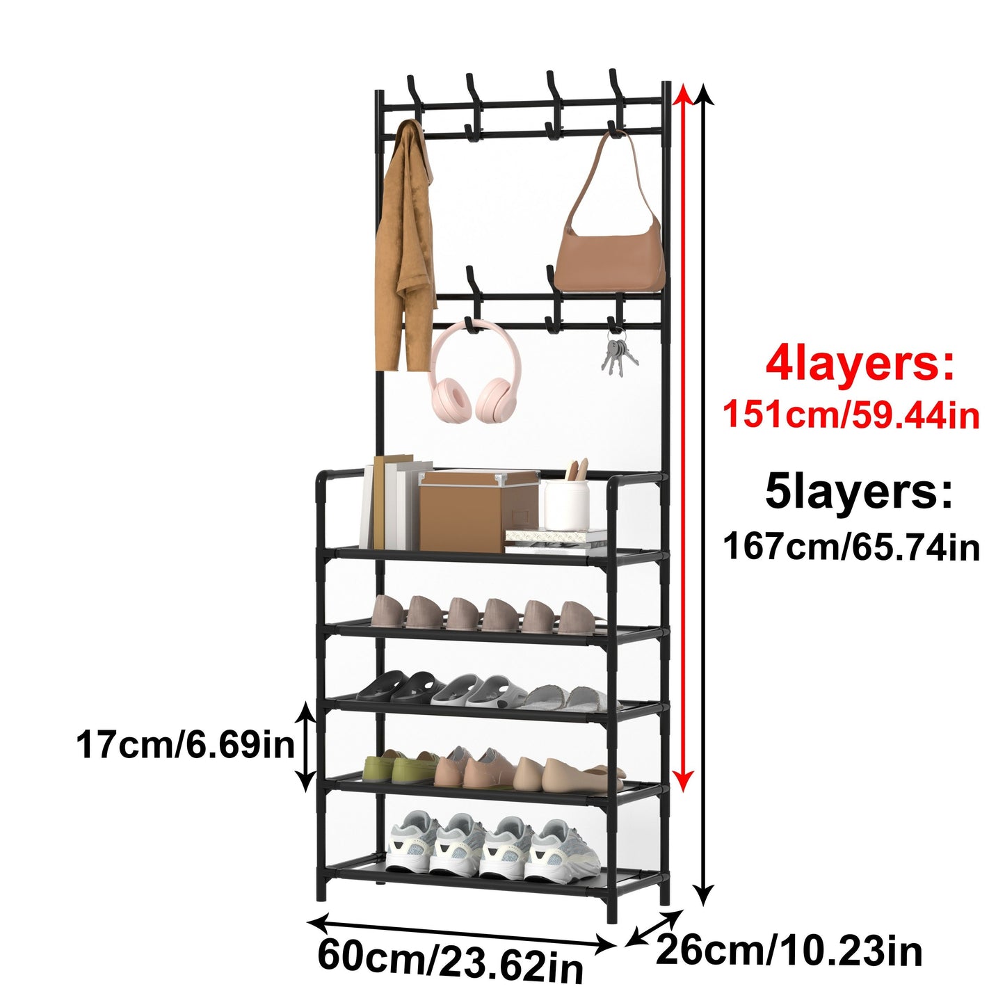 4-5 Tier Metal Shoe Rack with 8 Hooks - Stainless Steel, Multi-Functional Organizer for Home, Dorm, and Rental Spaces