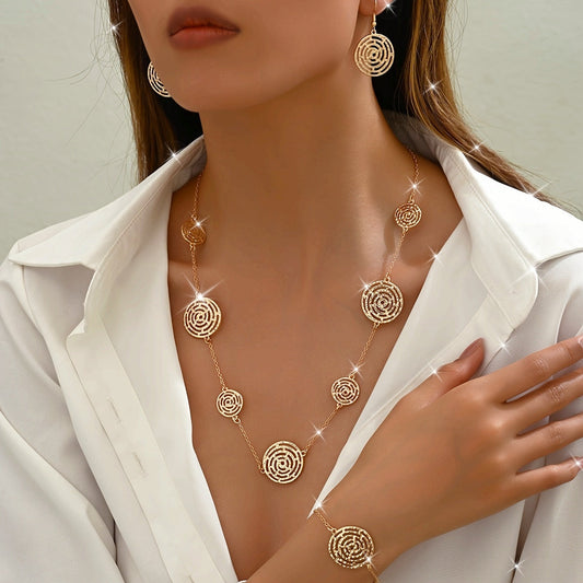 Vintage style zinc alloy jewelry set featuring a spider web hollow design. Set includes a necklace, bracelet, and earrings, perfect for both daily wear and vacations.