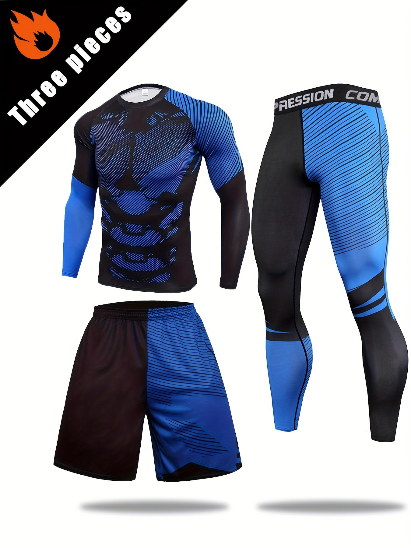 3-piece Men's Quick-drying Sports Suits: Long Sleeve Compression T-shirt, Breathable Shorts, High Stretch Leggings