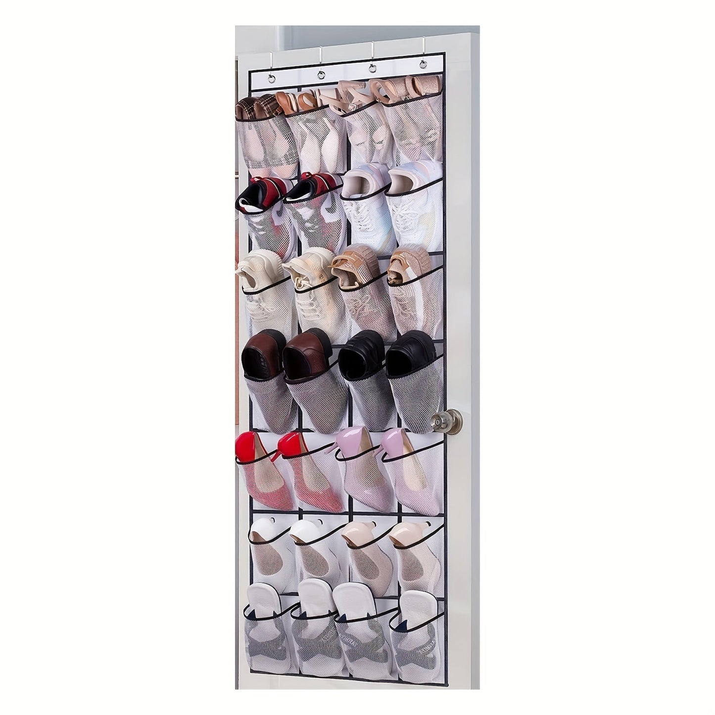 Get organized with our 1-piece over-the-door hanging shoe storage bag featuring 24 mesh pockets. This folding closet storage rack is perfect for storing socks, bras, and other household items, helping you save space in your bedroom, bathroom, office