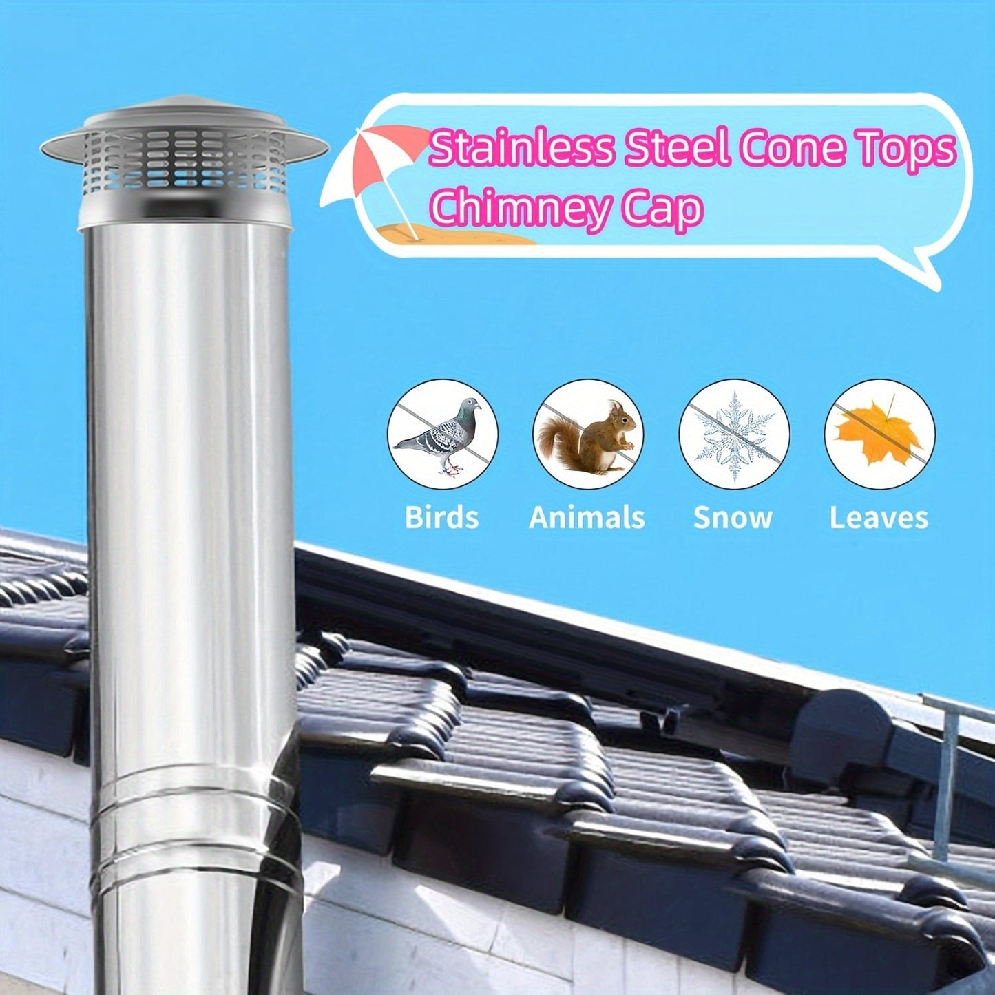 Stainless Steel Chimney Caps with Conical Tops, Window Screens, Outer Roofs, Silvery Fireplace Screen Covers, and Flue Pipe Top Covers