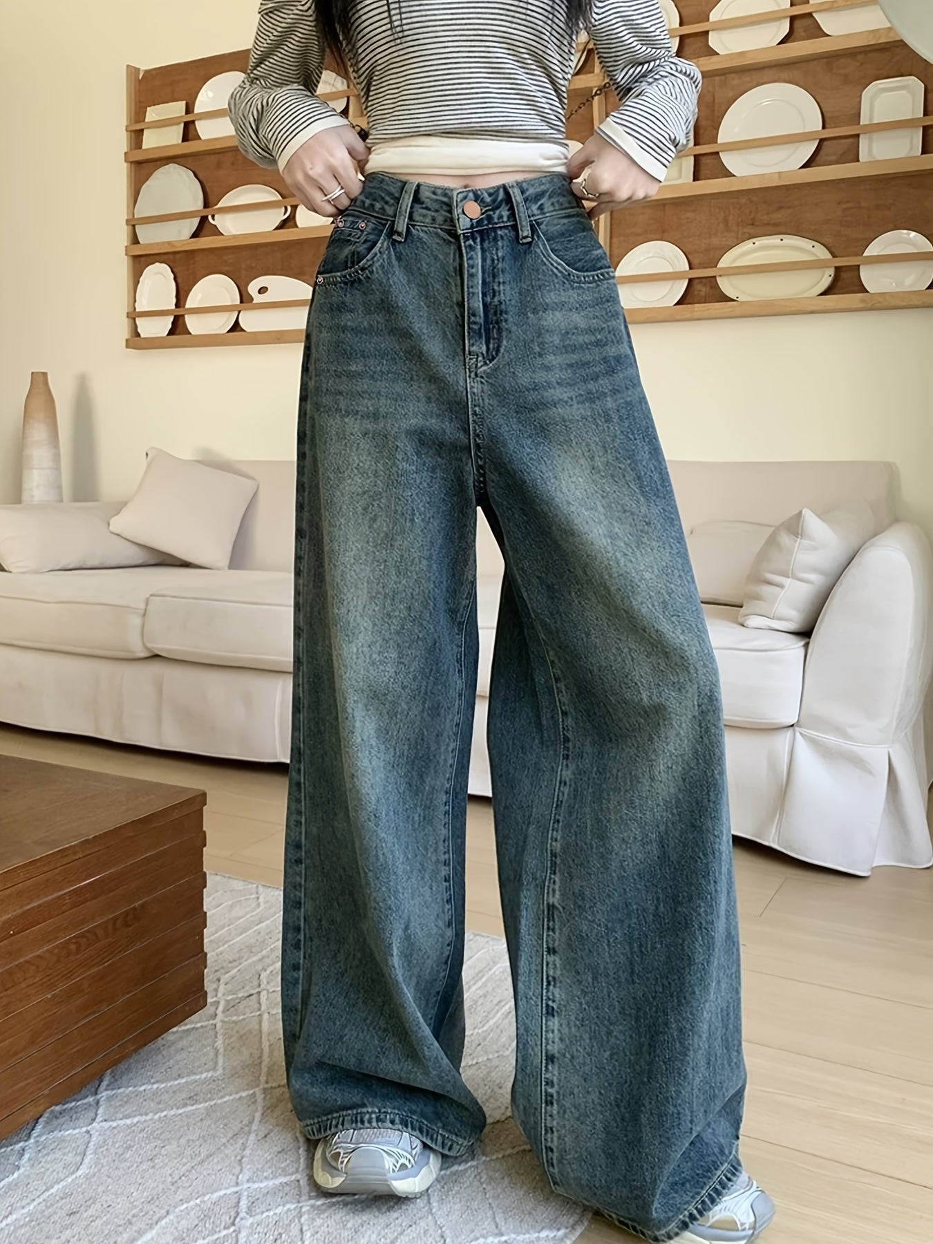 1pc XNVJEVGY Women's High-Waisted Wide Leg Denim Jeans, Casual Style, Non-Stretch, Solid Color, Long Zipper Closure, Washed Finish, All Seasons.