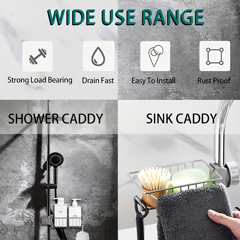 Adjustable Stainless Steel Kitchen Sink Caddy Organizer with Drainage - includes Faucet Sponge Holder, Towel Rack, and Multi-Function Storage for Kitchen Accessories