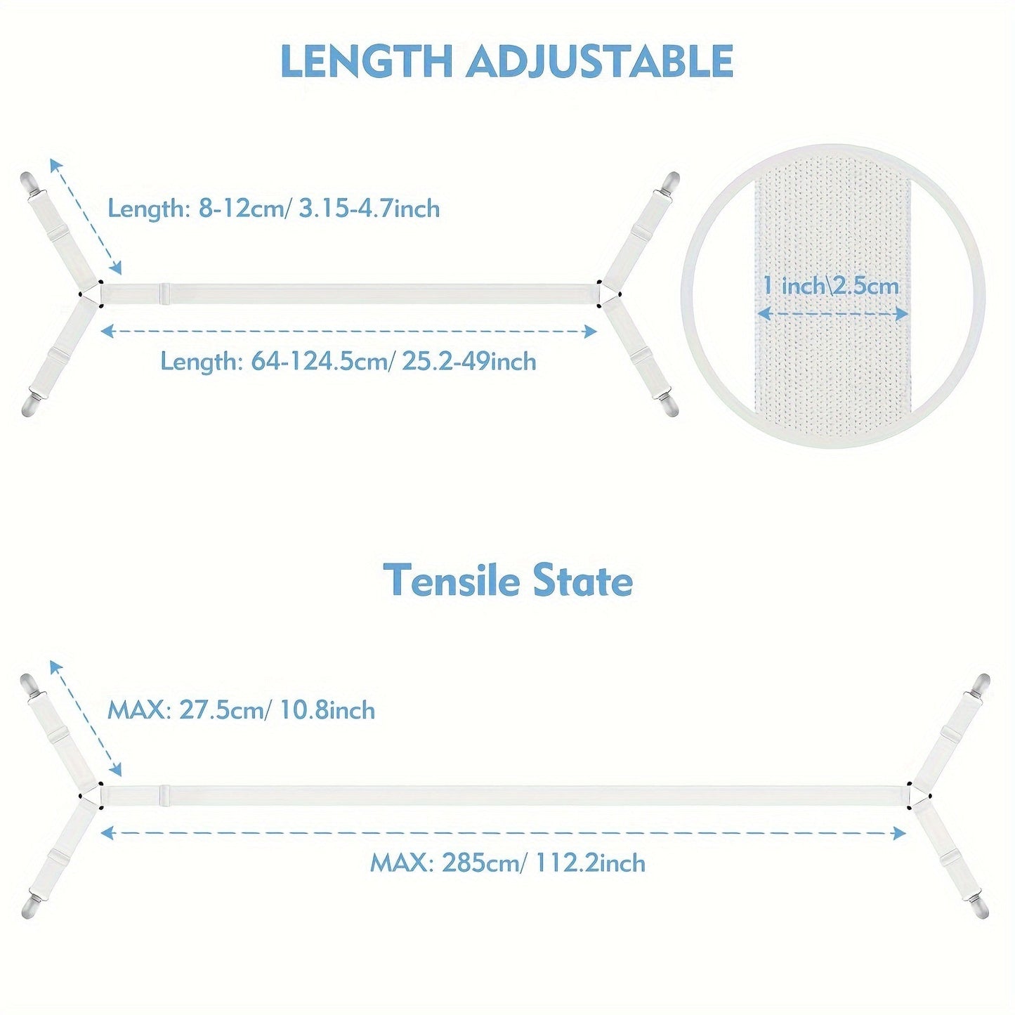 Регулируемые ремни для простыней с металлическими зажимами - Набор из 3 штук | Эластичные застежки для натяжных простыней | Подходит для всех размеров матрасов