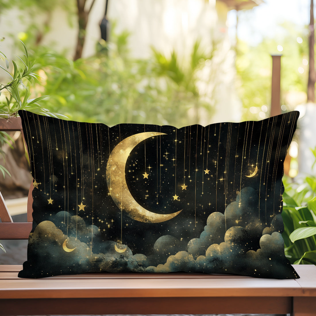 Contemporary starry night moon design throw pillow cover made of 100% polyester woven peach skin velvet, machine washable with zipper closure. 30x50cm size with decorative cushion case for any room.