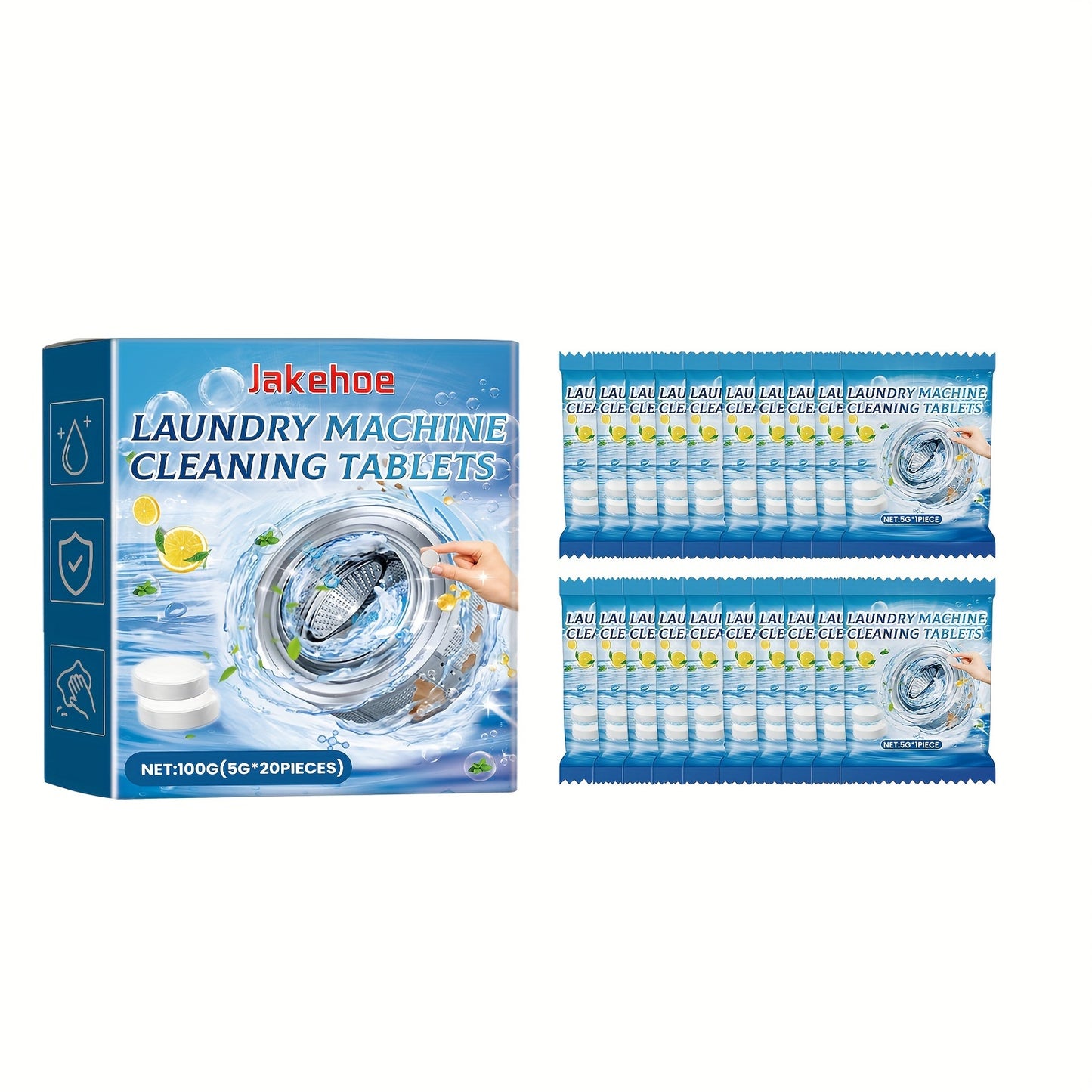 20 pieces of effervescent tablets for washing machine cleaning that eliminate odors and stains, leaving clothes and drum fresh.