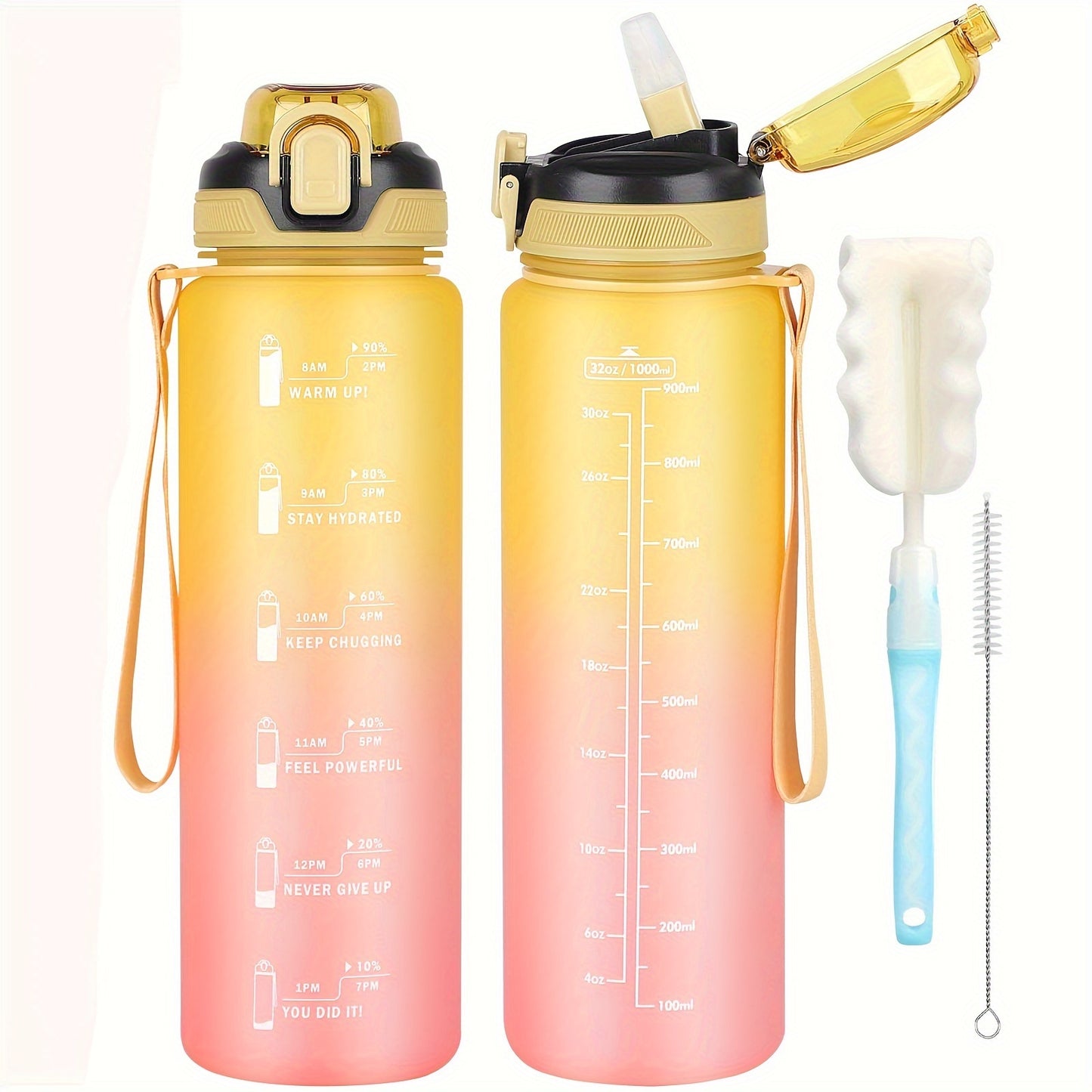 Durable 1L sports water bottle with straw, BPA-free, time marker for various activities.