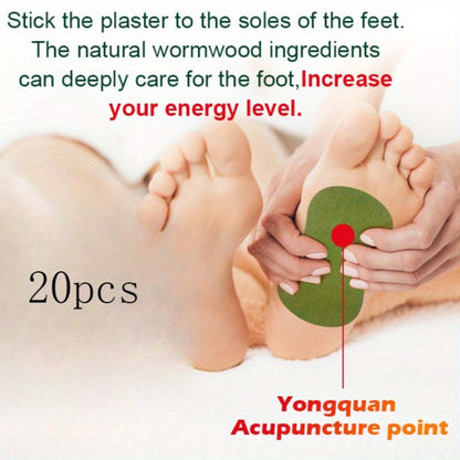 20 Herbal Patches containing Wormwood and Ginger Extracts for Foot Care, designed for deep acupoint penetration, made from breathable non-woven material, and providing refreshing