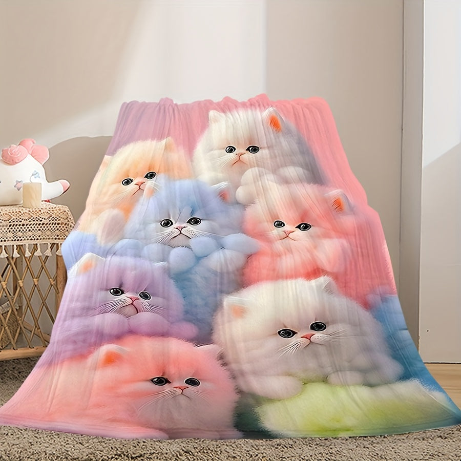 Contemporary geometric-patterned flannel throw blanket featuring a cute cat design - Easy to care for with machine washable and stain-resistant properties. Versatile knit fabric makes it ideal for all seasons, perfect for office, home, or travel. Soft