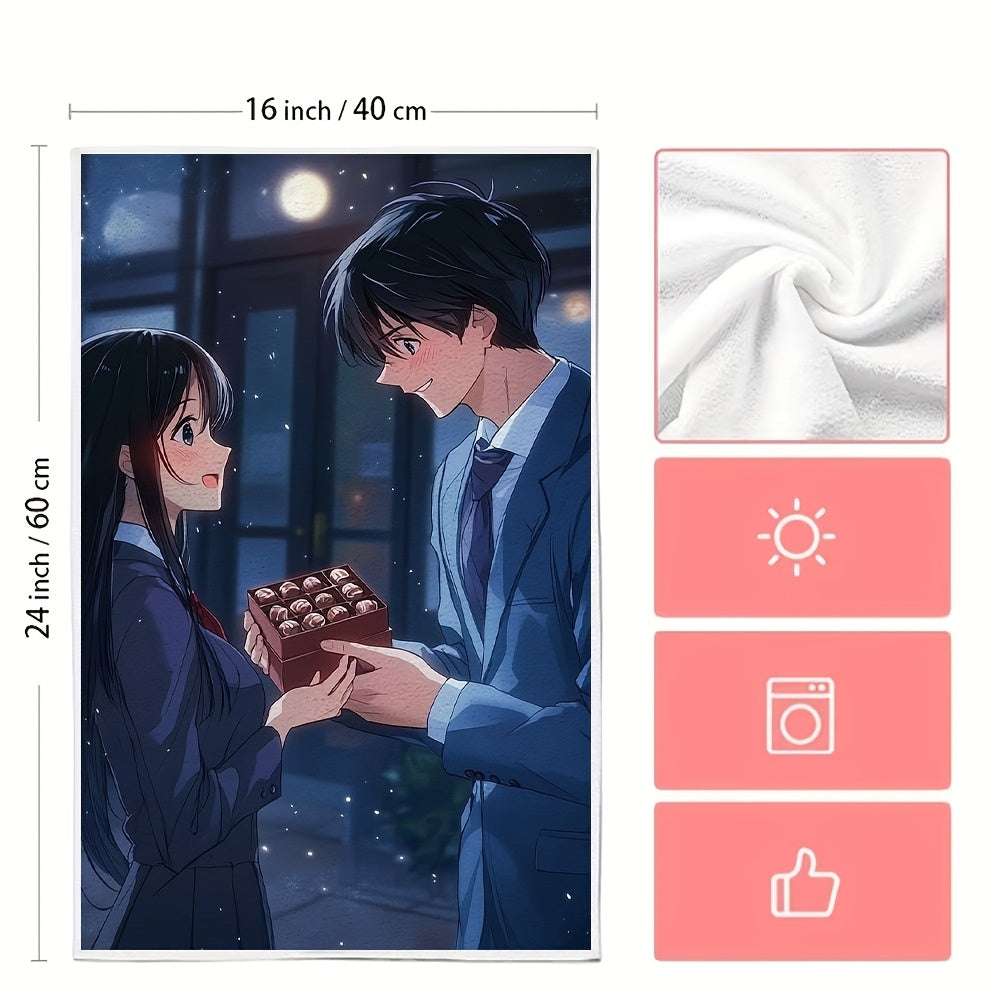 This set includes 2 ultra-soft kitchen towels showcasing a charming anime boy with black hair in a blue suit gifting a box of chocolates to his girlfriend. These highly absorbent dish towels are ideal for holiday decor, easy to clean in the washing