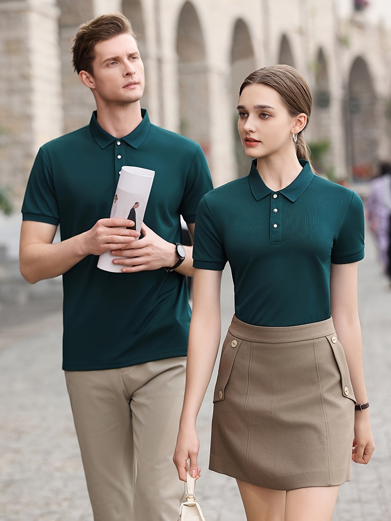 Men's summer casual short sleeve shirt in green, made of 100% polyester knit fabric with slight stretch. Regular fit with solid color lapel collar and button details. 145G/M².