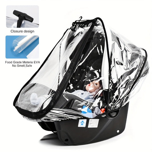 Protect your car seat from rain, dust, and snow with this universal car seat rain cover made of food-grade EVA material. The waterproof and windproof design features a quick-access zipper door and side ventilation for added convenience. This practical