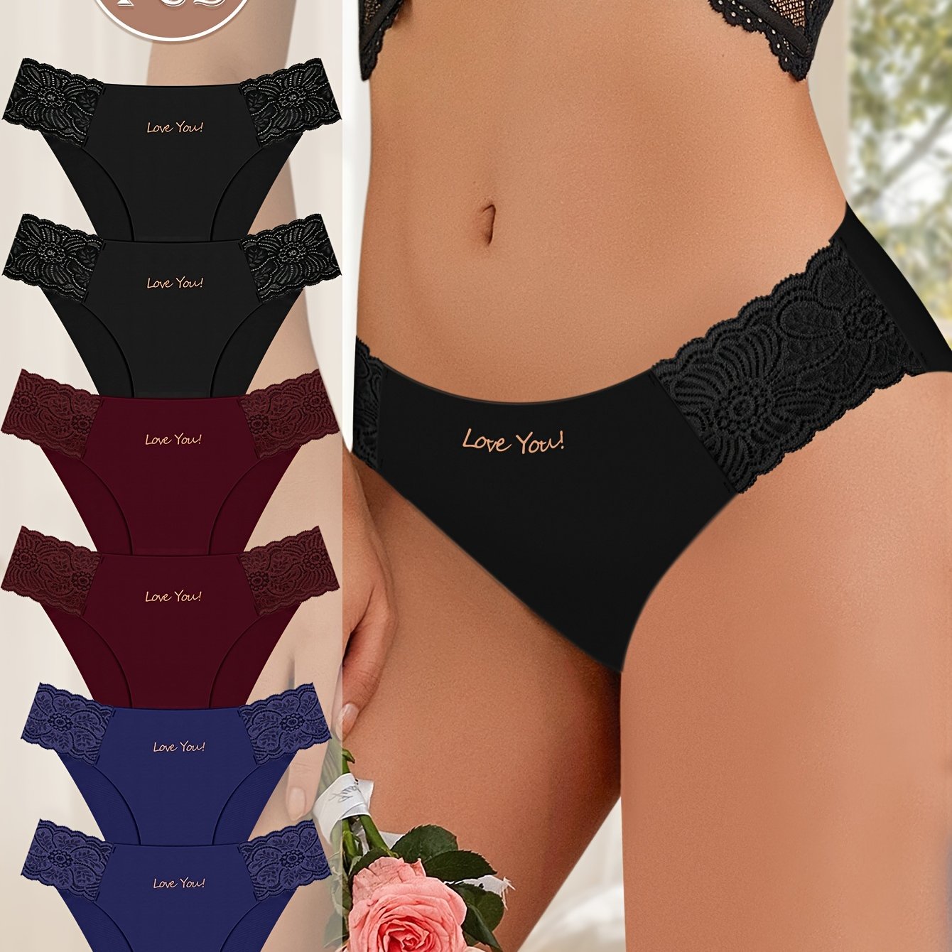 Six-pack of women's low-rise lace briefs in solid colors, designed for a sexy look.