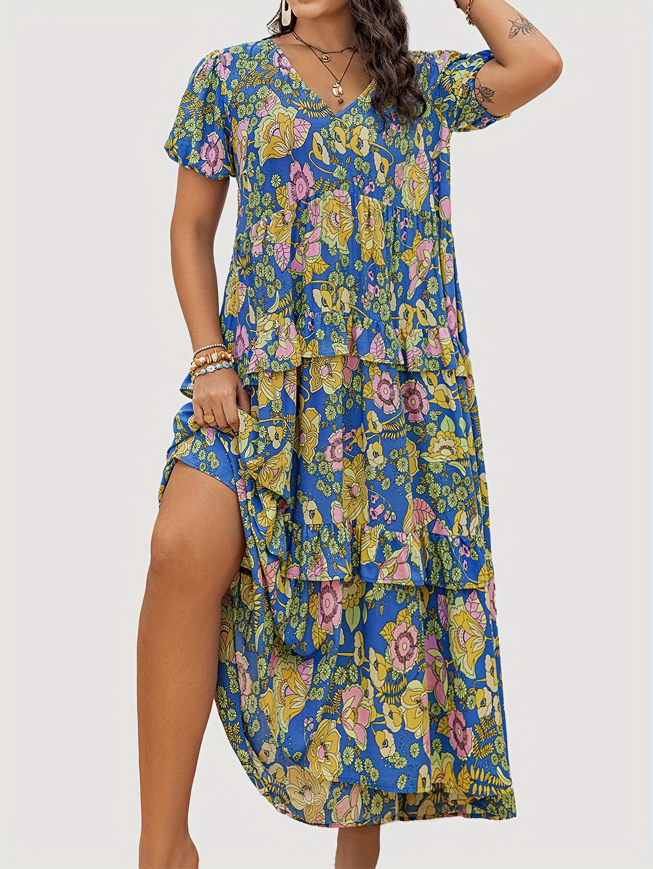 Rusttydustty Boho Chic Modern Bohemian Summer Dress with Lotus Powder Charm, Pleated Skirt, Ruffles, and V-neck. Available in Multi-color Options, Perfect for Weekend Vacation or Seaside