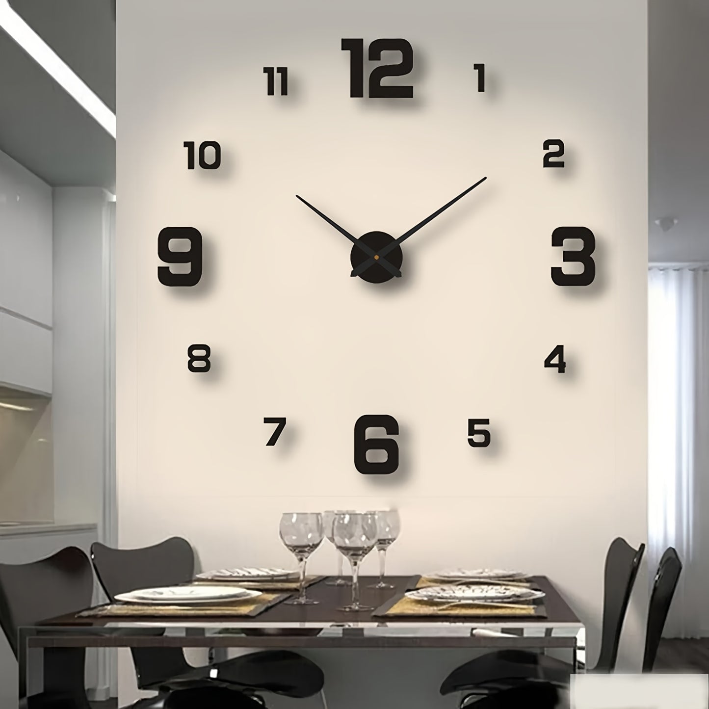 Art Deco style wall clock made of self-adhesive polyurethane, with silent movement, punch-free installation, luminous hands, battery-powered, and ideal for living room decor.