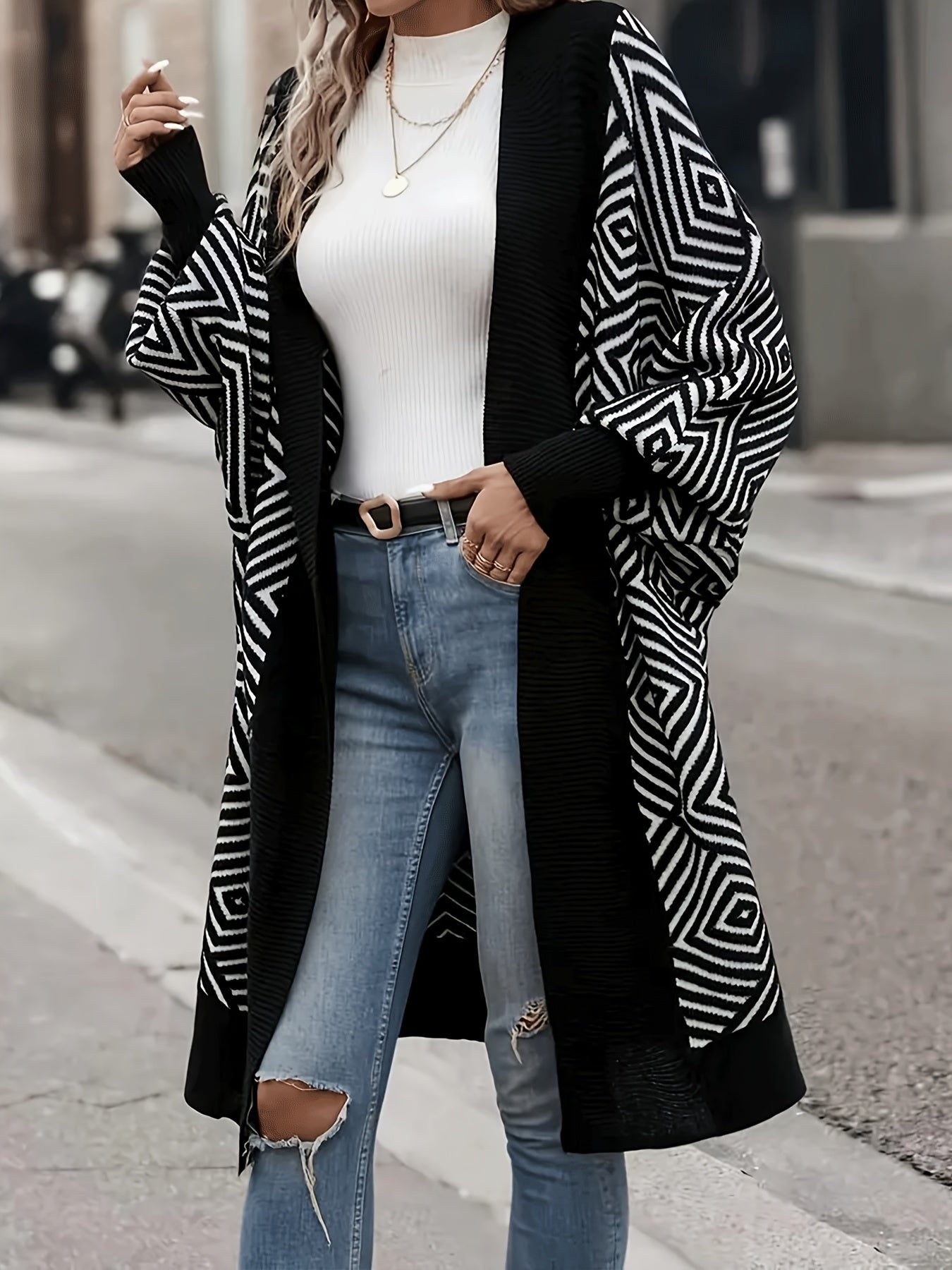 Geometric Print Cardigan for Plus Size Women, Open Front Outwear with Long Sleeves