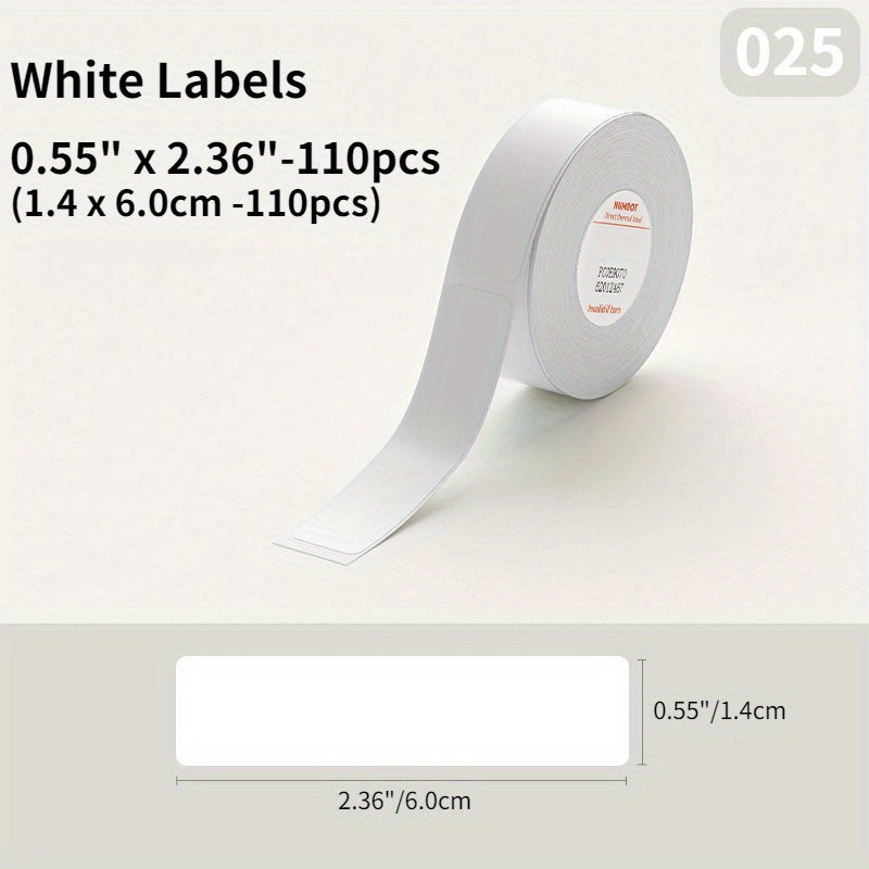 NIIMBOT Thermal Label Sticker Roll is white, waterproof, and oil-proof. Compatible with D11/D101/H1 Series Printers, it features strong adhesive, no ink needed. Ideal for home and