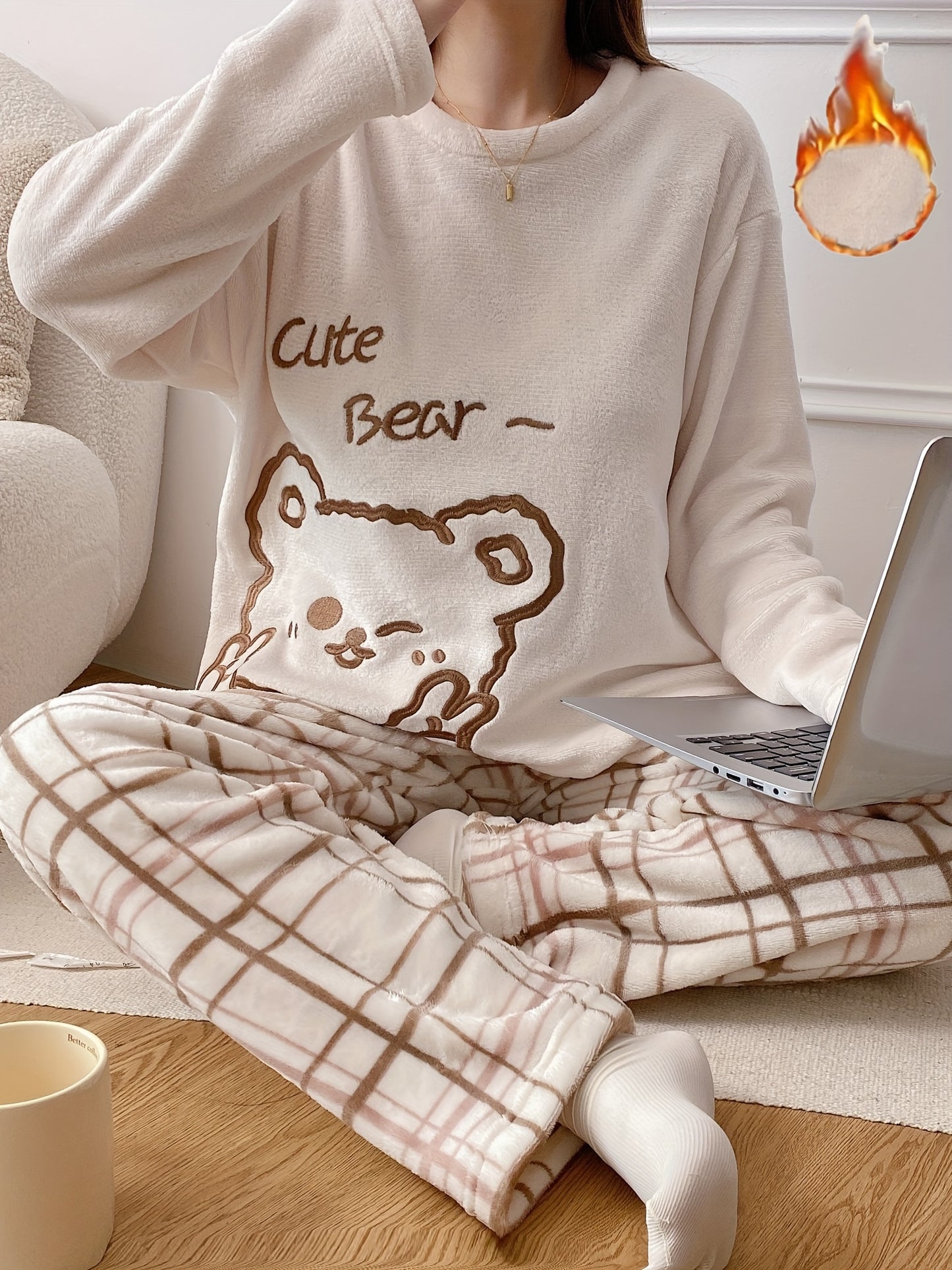 Women's cozy fleece pajama set with cute cartoons & letters, includes long sleeve top, plaid pants, perfect for fall & winter