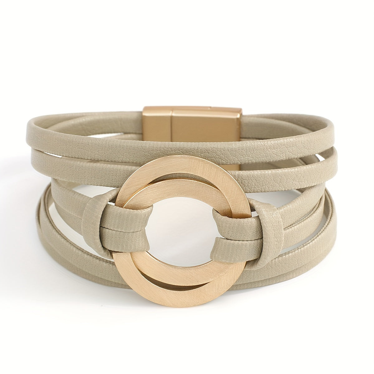 Artificial leather bracelet for women with double circle charm and magnet buckle clasp - a stylish wide bangle bracelet that makes a great gift.