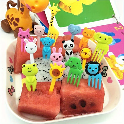 Cute 60-piece cartoon fruit dessert fork set for kids' lunch boxes and party decorations.