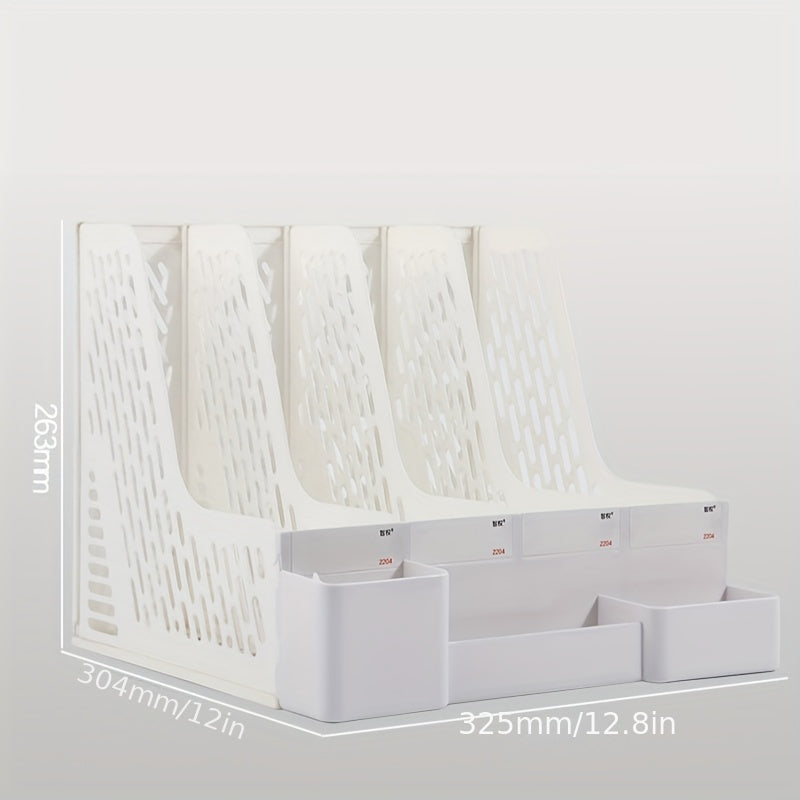 Desktop file rack with pen holder, ideal for organizing office supplies.