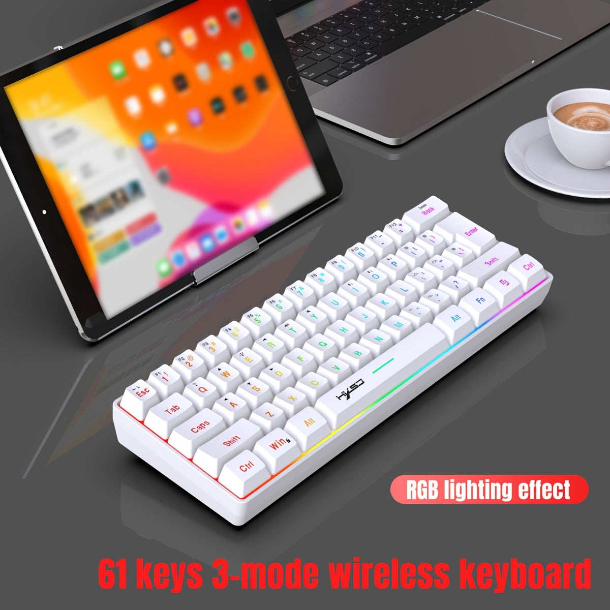 HXSJ Mini Wireless Gaming Keyboard with RGB Backlit and 61 keys for Office/Home Use.