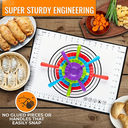 Set of 4 Solutions Dumpling Makers, including Pierogy Maker, Pastelitos Press, Ravioli Maker, Pierogi Cutters, Baozi Maker, Dumplings Machine, Mini Pie Maker, Dupling Maker, and Gyoza Maker.