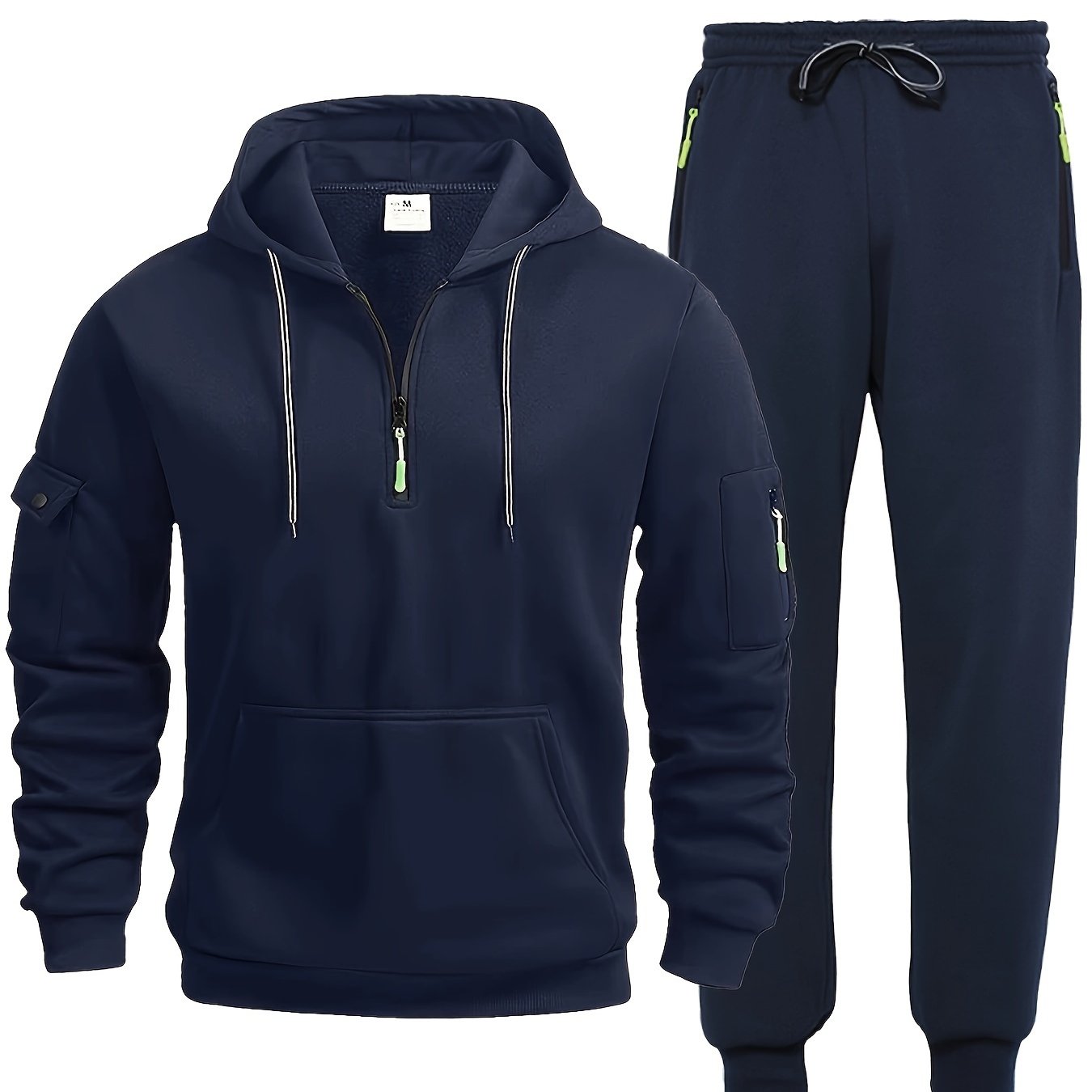 2pcs Men's Casual Sports Sweatsuit Set with hooded pullover and joggers in solid color, slight stretch, lightweight with pockets. Suitable for hiking, running, and sports activities, for