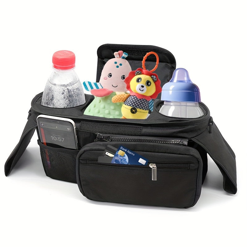 Black stroller hanging bag with multiple functions for baby stroller storage, including a urine layout bag, large capacity bottle bag.