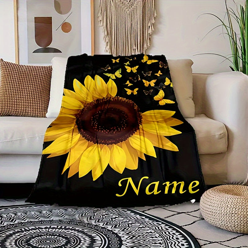 Personalize your space with a custom Sunflower and Butterfly print flannel blanket. This soft and warm blanket features a high-quality digital print that is tear-resistant and machine washable. It is also allergy-proof and suitable for all seasons. Use