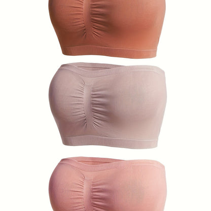 Set of 3 elegant black bandeau bra tops with anti-slip chest wrap, seamless strapless design.