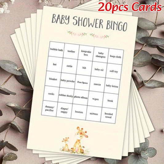 Set of 20 Baby Shower Bingo Cards featuring a Lovely Floral Giraffe Design. A Fun Game for Family and Friends to Enjoy, Perfect for Expectant Mothers and Guests!