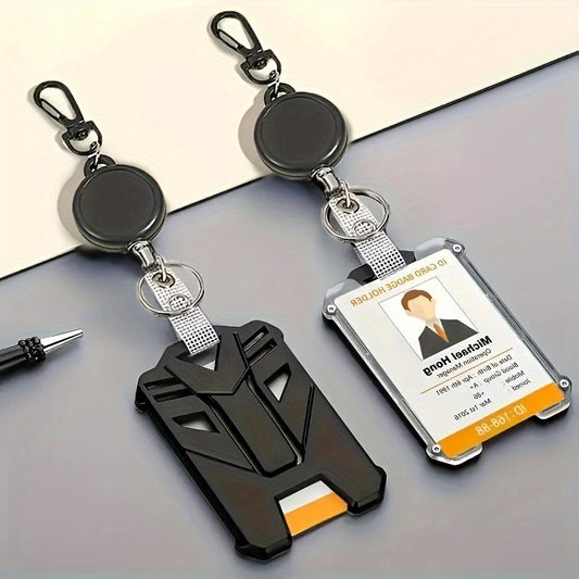 Durable retractable ID badge holder with carabiner clip and keychain, vertical card holder with convenient pull buckle for easy access.