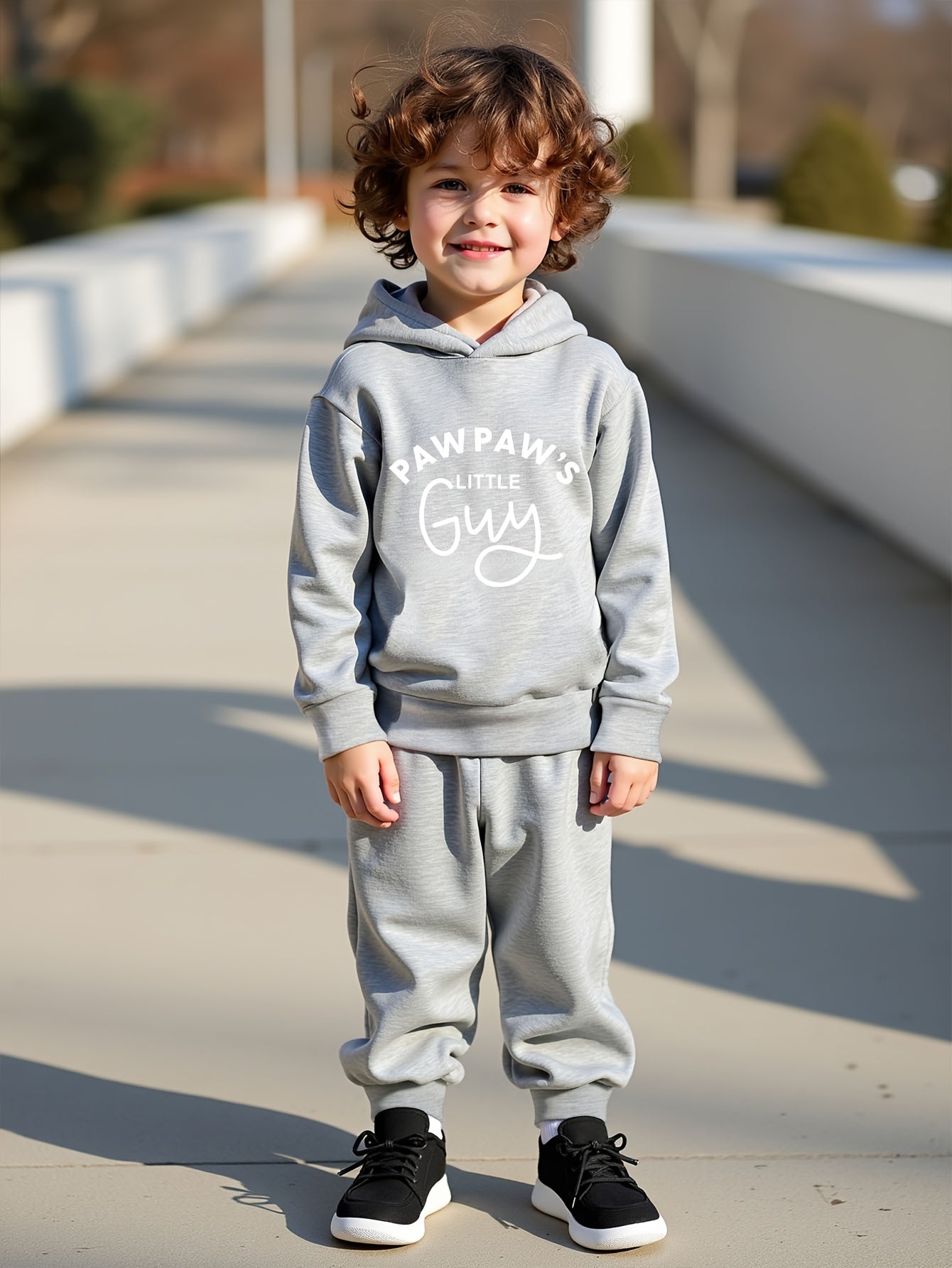 Boys' Fashion Set featuring 'Paw Paw's Little Guy' print, polyester hoodie and pants, knit pullover with long sleeves, regular fit, suitable for autumn/winter outdoor wear.