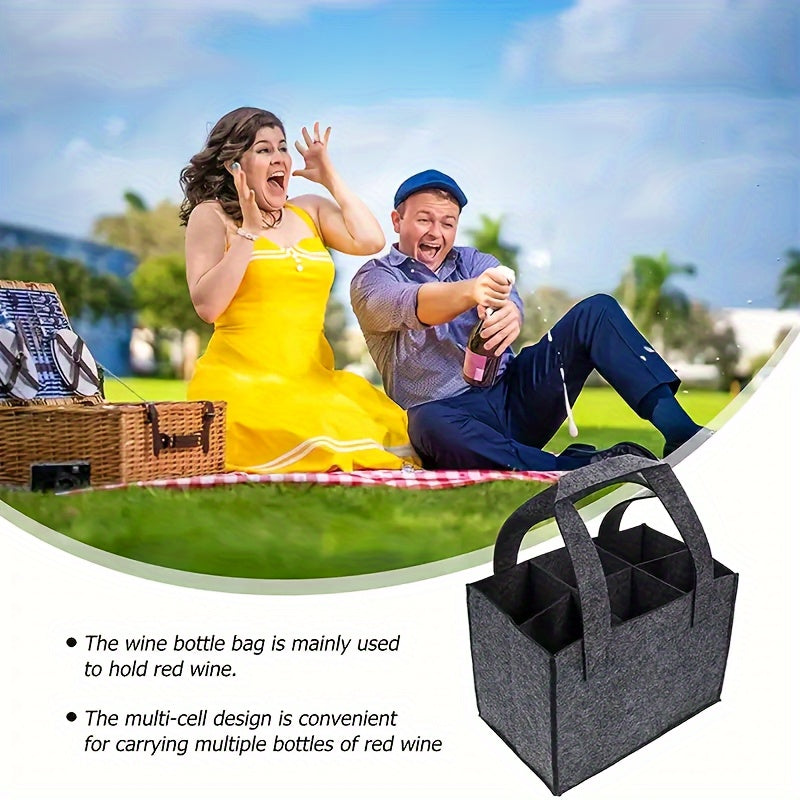 Stylish felt wine and beer bottle tote, holds up to 6 bottles, portable and lightweight, perfect for dinners and travel.